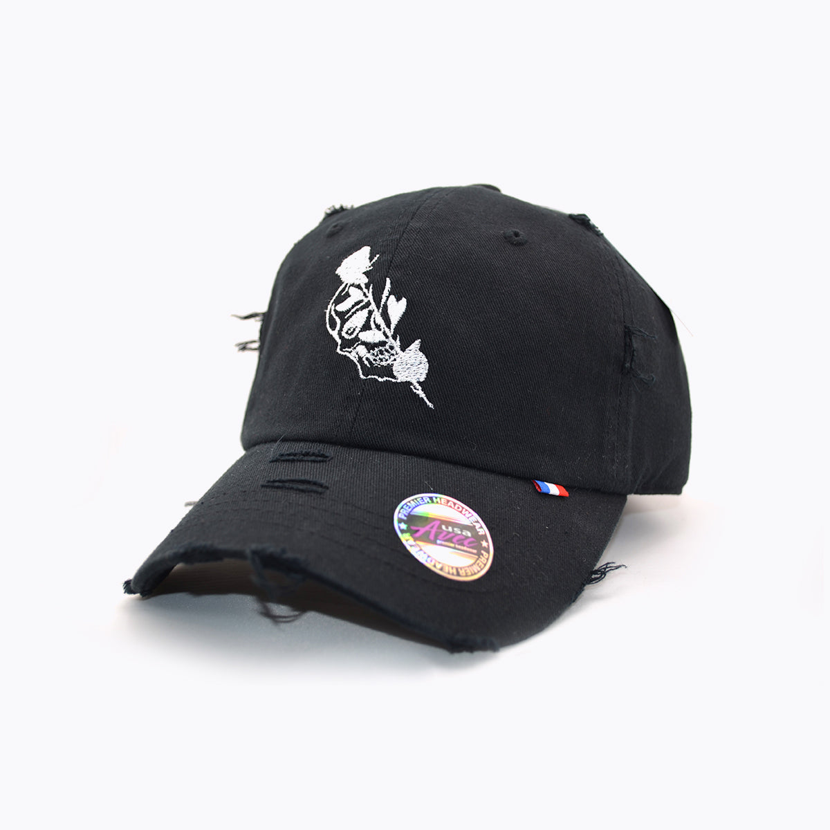 Black Ripped Cap with White Rose